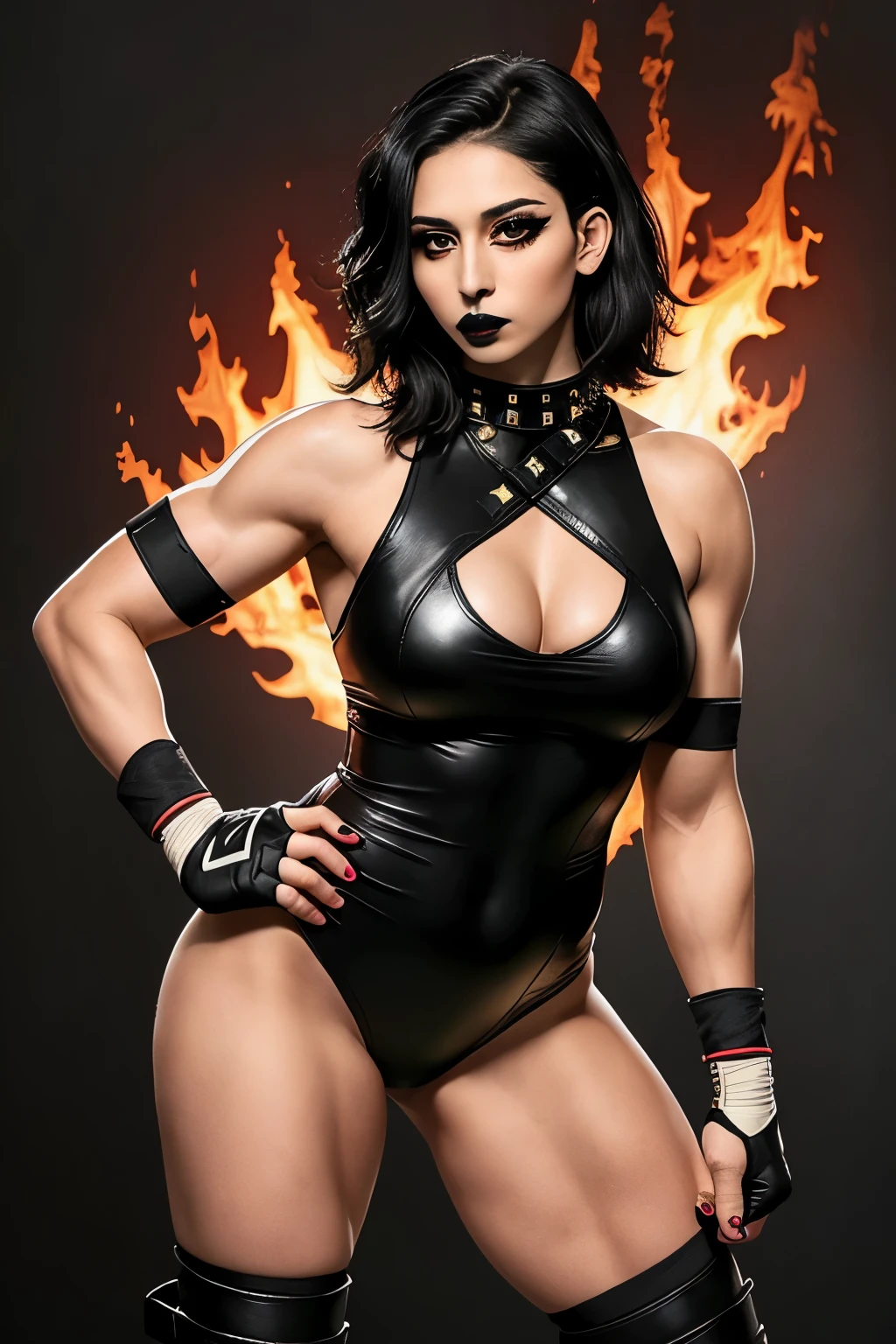 Wrestler: Rhea Ripley
Background: A smoky background with streaks of red, reminiscent of fire and destruction, would complement Rhea's dark persona.
Rhea:
 * Hair: Short, black hair styled in a choppy and edgy manner.
 * Face:  A fierce expression with dark eyeliner and black lipstick.
 * Attire:
   * Black leather ring gear with straps and buckles accenting her powerful physique.
   * Black fingerless gloves with metal studs.
   * Black knee pads and boots.
 * Accessories:
   * A single black armband on her bicep.
 * Pose:  Rhea stands with her legs spread apart in a dominant stance, one hand clenched in a fist raised above her head. The other hand rests on her hip  with fingers spread wide.