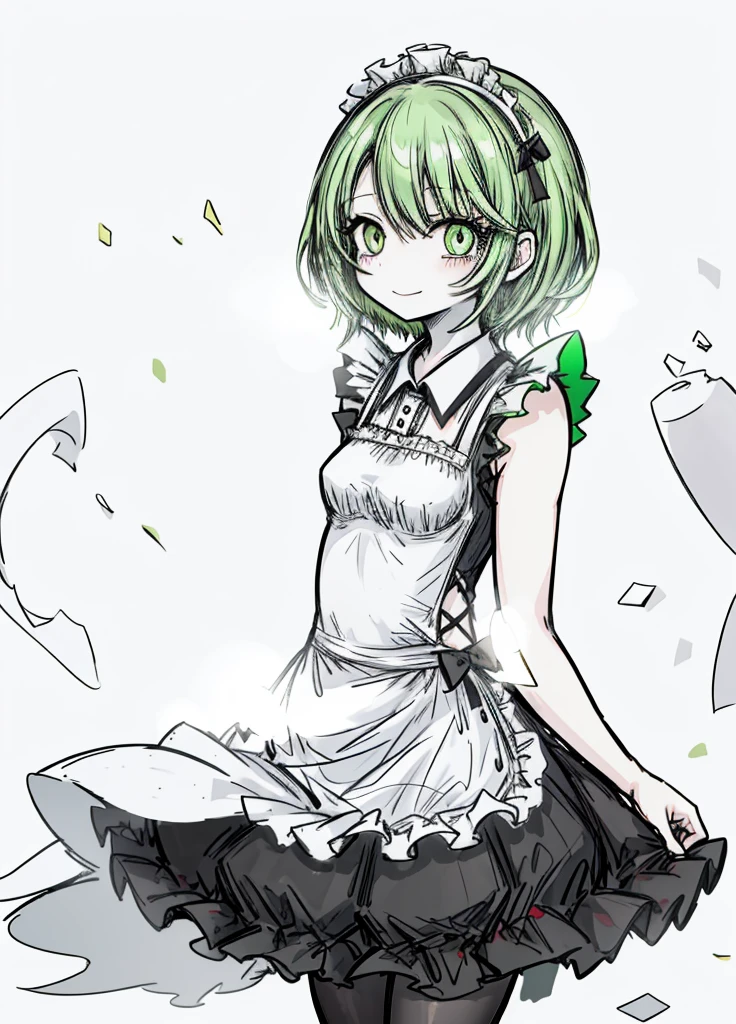 1girl ,green eyes,green hair,short maid dress ,pale skin, (masterpiece, anatomically correct, high detail, high quality, 8k), happy, smile,blushing