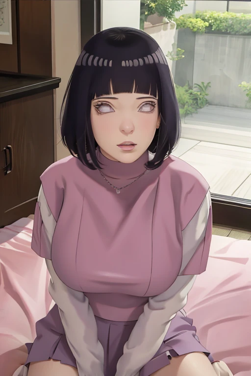 masterpiece, absurdres, hinata\(boruto\), 1girl, solo,mature female, crop top , high waist mini skirt, looking at viewelling petals), perfect composition, detailed lips, big breast, beautiful face, body propotion, blush, (pink lips), long hair,  purple eyes,  soft gaze,  super realistic, detailed, photoshoot, realistic face and body, laying on the floor