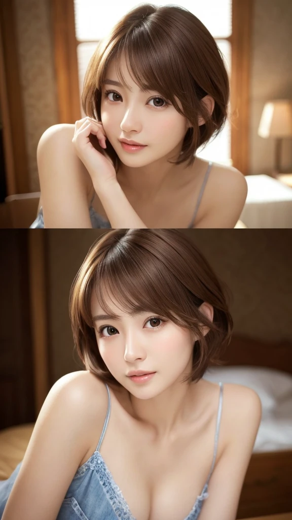 masterpiece、Highest quality、High resolution、Tabletop、wallpaper、Realistic、Bright lighting、Professional Lighting、Face Light、Smooth lighting、Japanese women、Adult、Beautiful woman、action、gravure、sexy、poor、so beautiful、Beautiful Skin、Beautiful and detailed、Detailed face、slim、moderately、short hair、Brunette colored hair、Brown eyes、Looking at the camera