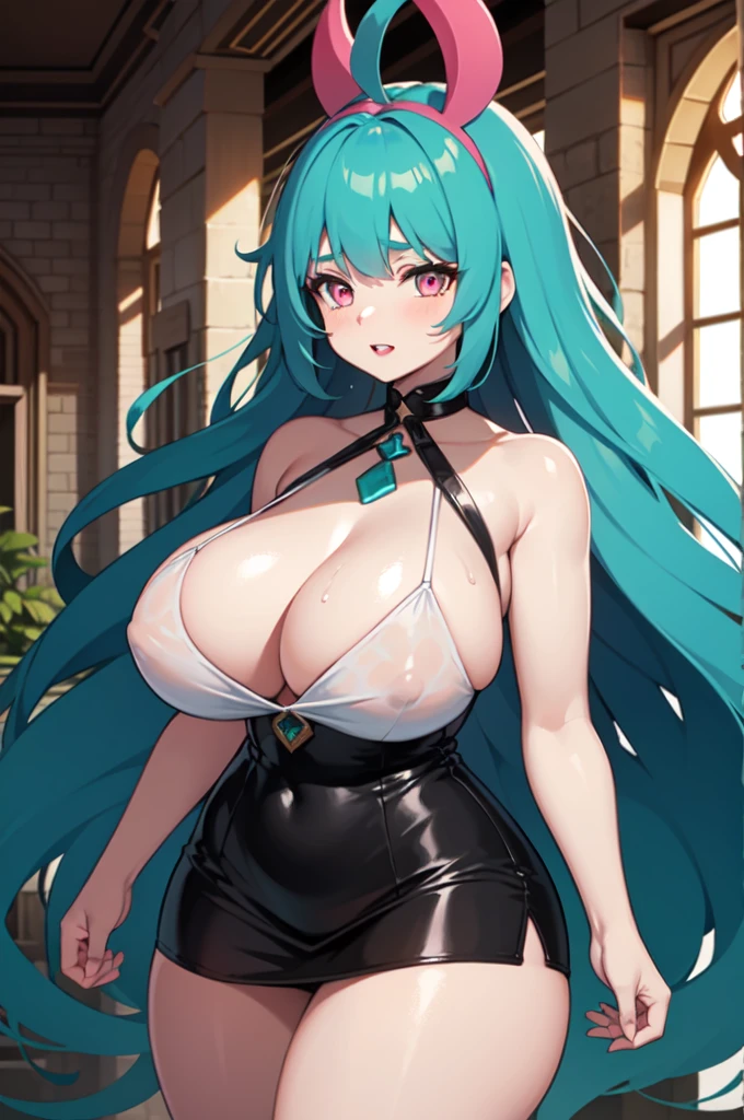 18 year old girl, with turquoise blue hair with green and pink streaks, pink eyes with stars, pale skin, hourglass body, thick red lips, a beautiful face, huge tits, with a wet and transparent white blouse and a short black skirt