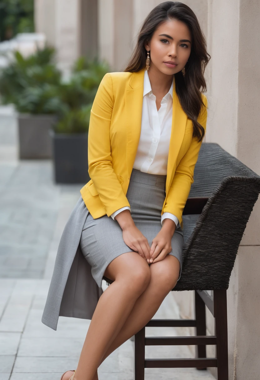 Arafed woman sitting on a chair wearing a yellow jacket and a gray skirt., additional details, additional detail, Extra sharp, extra - details, extra cheese, extra high resolution, extra crisp, extra crisp image, additional detailed, promotional art, extra wide, Editorial image, by Ric Estrada, natasha tan maciej kuciara, extra limbs, editorial portrait, editorial photography