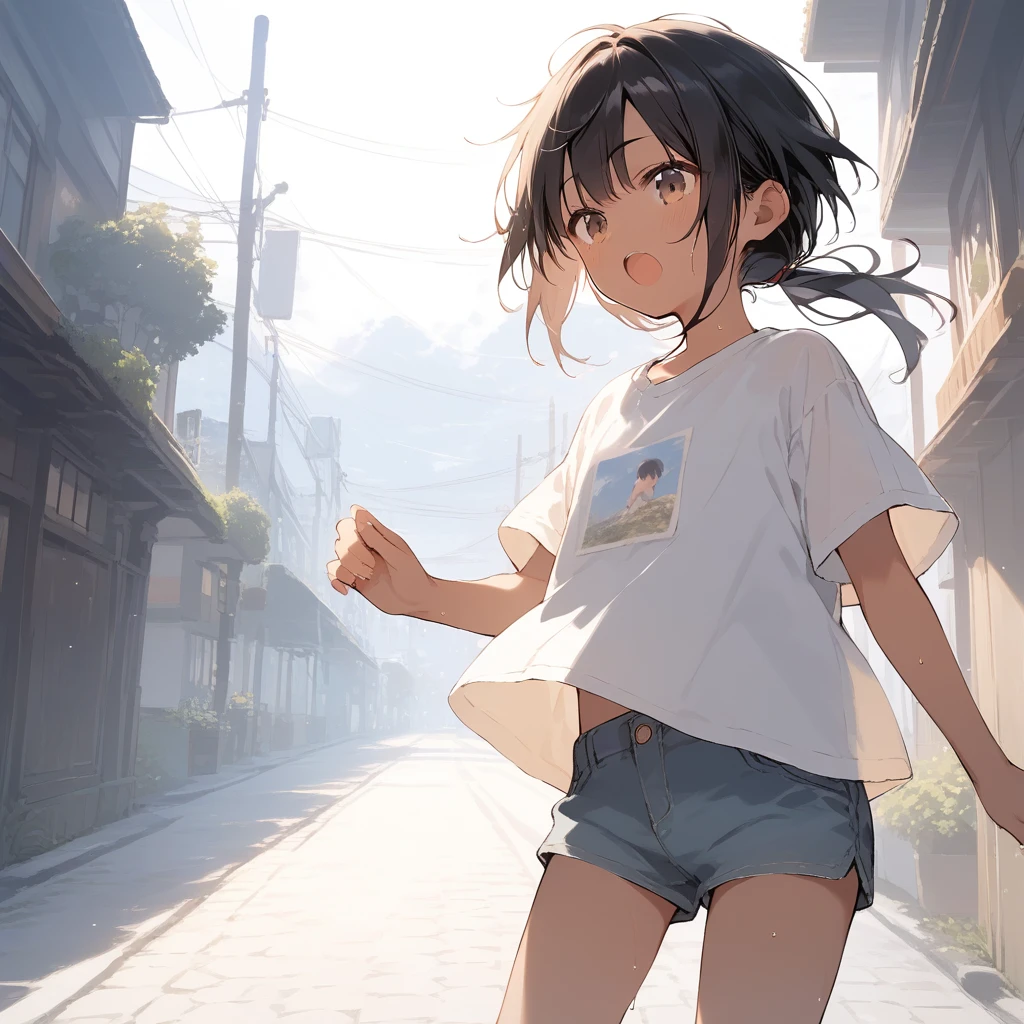 score_9, score_8_up, score_7_up, source_anime, best quality, masterpiece, official art, absurdres, highres, ultra-detailed,waifu2x,Collection: Slice of Life,break,1girl, tomboy, dark-skinned female, short hair, low ponytail, flat chest, beautiful detailed eyes, short shorts, sweat, open mouth, (yawn:0.3), sleepily, outdoors, wind,break,(clear line illustration:1.2), super detailed skin,very high resolution, very aesthetic, Best sexual lighting powered by famous artist, 8k,cute picture,beauty illustration,photoshop_(medium),,(Detailed Lighting),best anime 8k konachan wallpaper, pixiv contest winner,