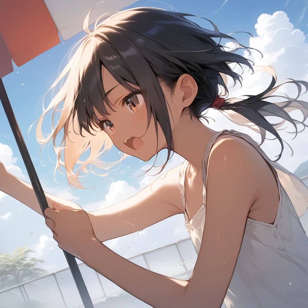 score_9, score_8_up, score_7_up, source_anime, best quality, masterpiece, official art, absurdres, highres, ultra-detailed,waifu2x,Collection: Slice of Life,break,1girl, tomboy, dark-skinned female, short hair, low ponytail, flat chest, beautiful detailed eyes, short shorts, sweat, open mouth, (yawn:0.3), sleepily, outdoors, wind,break,(clear line illustration:1.2), super detailed skin,very high resolution, very aesthetic, Best sexual lighting powered by famous artist, 8k,cute picture,beauty illustration,photoshop_(medium),,(Detailed Lighting),best anime 8k konachan wallpaper, pixiv contest winner, 