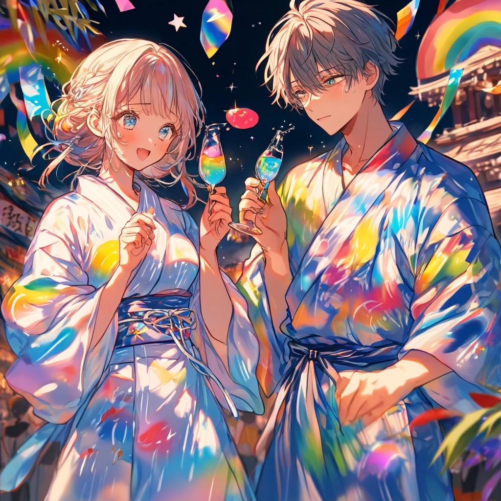 Sad expression、Caving、Stripを見つめ合うTwo people、Two people、tanabata、Strip、Bamboo leaf、Wishing on Strip、Grilling in a yukata,fluid,Particles of light, dream-like,Sparkling,dream-like glow,Paint drips,oil,strong stroke,Paint drips,Splash Paint Drop, oil,(Abstract:1.2)A girl and a boy made up of(tanabataライトトレース:1.25),Change to (Radioluminescence light tracking) スタイルtanabataのSummer festival,Two people are Orihime and Hikoboshi(Cowboy Shot),Temple Fair,Summer festival,Shining in rainbow colors、16K, Ultra-high resolution, to be born,wonderful ,future、iridescent、The world 30 years from now。