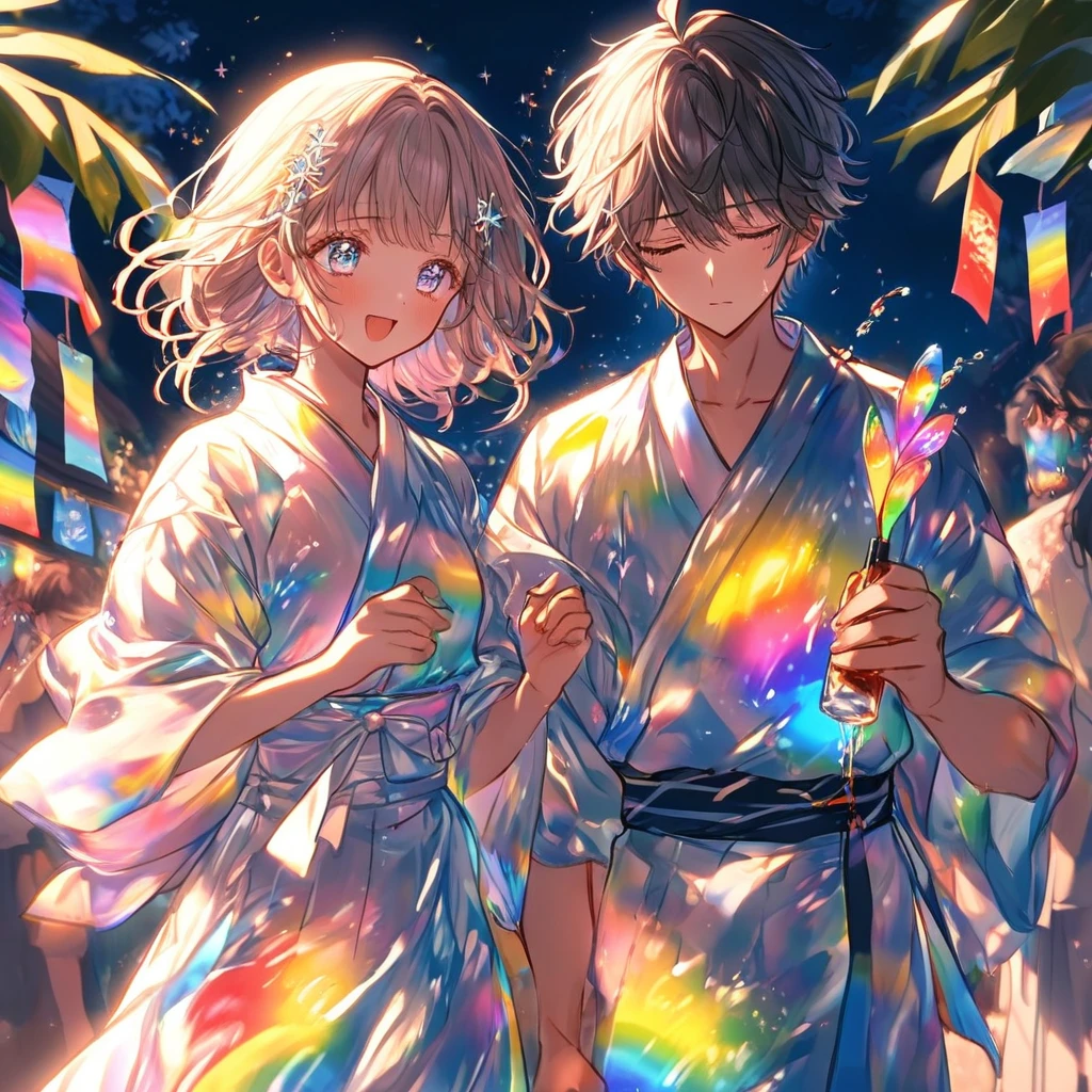 Sad expression、Caving、Stripを見つめ合うTwo people、Two people、tanabata、Strip、Bamboo leaf、Wishing on Strip、Grilling in a yukata,fluid,Particles of light, dream-like,Sparkling,dream-like glow,Paint drips,oil,strong stroke,Paint drips,Splash Paint Drop, oil,(Abstract:1.2)A girl and a boy made up of(tanabataライトトレース:1.25),Change to (Radioluminescence light tracking) スタイルtanabataのSummer festival,Two people are Orihime and Hikoboshi(Cowboy Shot),Temple Fair,Summer festival,Shining in rainbow colors、16K, Ultra-high resolution, to be born,wonderful ,future、iridescent、The world 30 years from now。