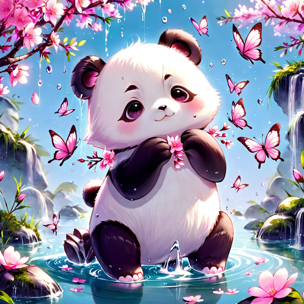 absurdres, highres, ultra detailed, HDR, master piece, best quality, extremely detailed, Panda, solo, cute, small, fantasy, magical, magic, pink butterflies, pink petals, pink flowers, water, blossoms