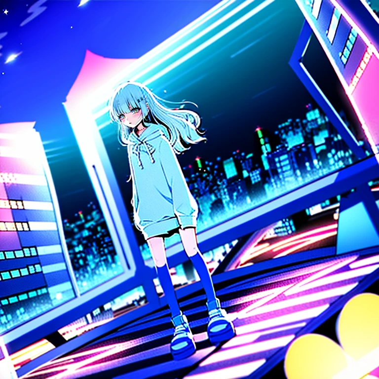 Blue long hair、Light blue eyes、Sad expression、Tears flowing、whole body、night、Light、neon、pink、yellow、City、hoodie、Detailed Background、masterpiece、最high quality、high quality
