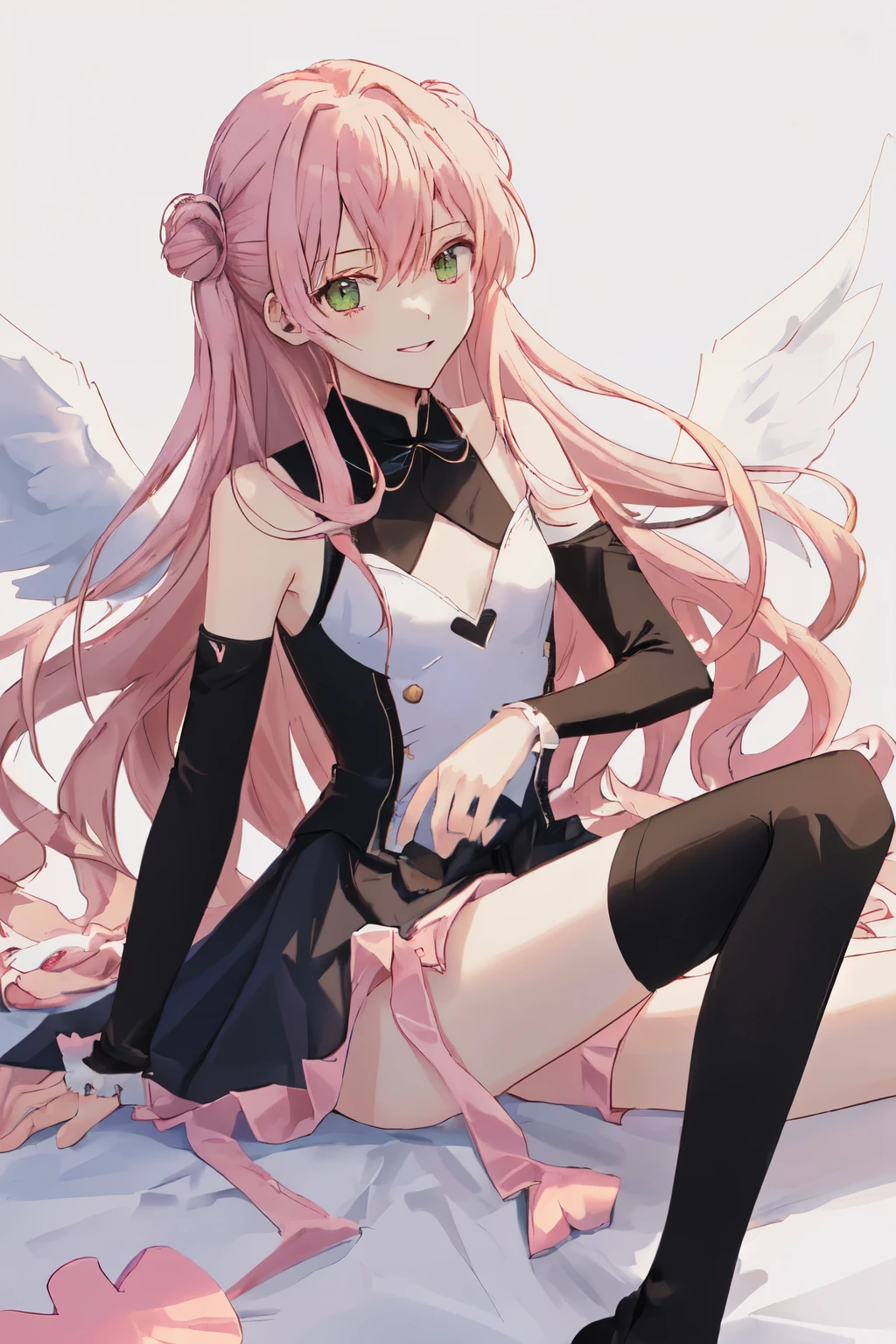 1_girl, (anime, kawai:2), (masterpeice, best_quality, clean:1.5), (sky_background:1.2), (cute, cute_smile, young:1.8), (delicate, extremely_delicate, beautiful, thin:1.5), (girlfriend, angel:1.8), (green_eyes, simple_eyes:1.8) (long_hair, blond_hair, wearing_pink_dress, pink_angel_wings, black_gloves:1.5), extremely_delicate, (love_magic:1.5), (age_size_fits_body), (small_thighs:1.3), (breasts), (eye_level:1.3), (heart_magic, love:1.5), (folded_legs:1.5), (combat:1.2)