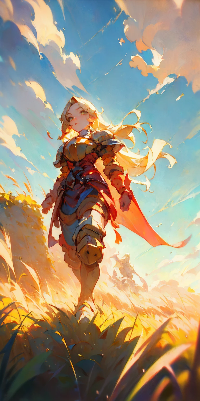 stunning painting of a knight with long blonde hair, wheat field, epic clouds ((painterly)) ((impressionist)) vibrant, soft edges (((warm glow))) full body whole body view from below 1sologirl, feet together, view from below while walking to the viewer