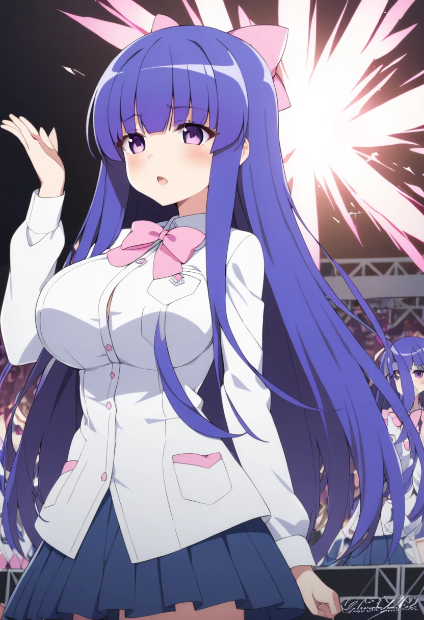 Foroderica, long hair, Purple eyes, Blue hair, Sharp explosions, , Pink bow, A pocket, , Big breasts, , Pink bow, A pocket,　Live stage