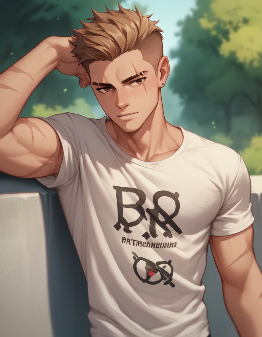 score_9, score_8_up, score_7_up, score_6_up, score_5_up, score_4_up, human Male , Brown fade haircut, wearing t-shirt , manga Style , outdoor, Scars on Right eyebrow