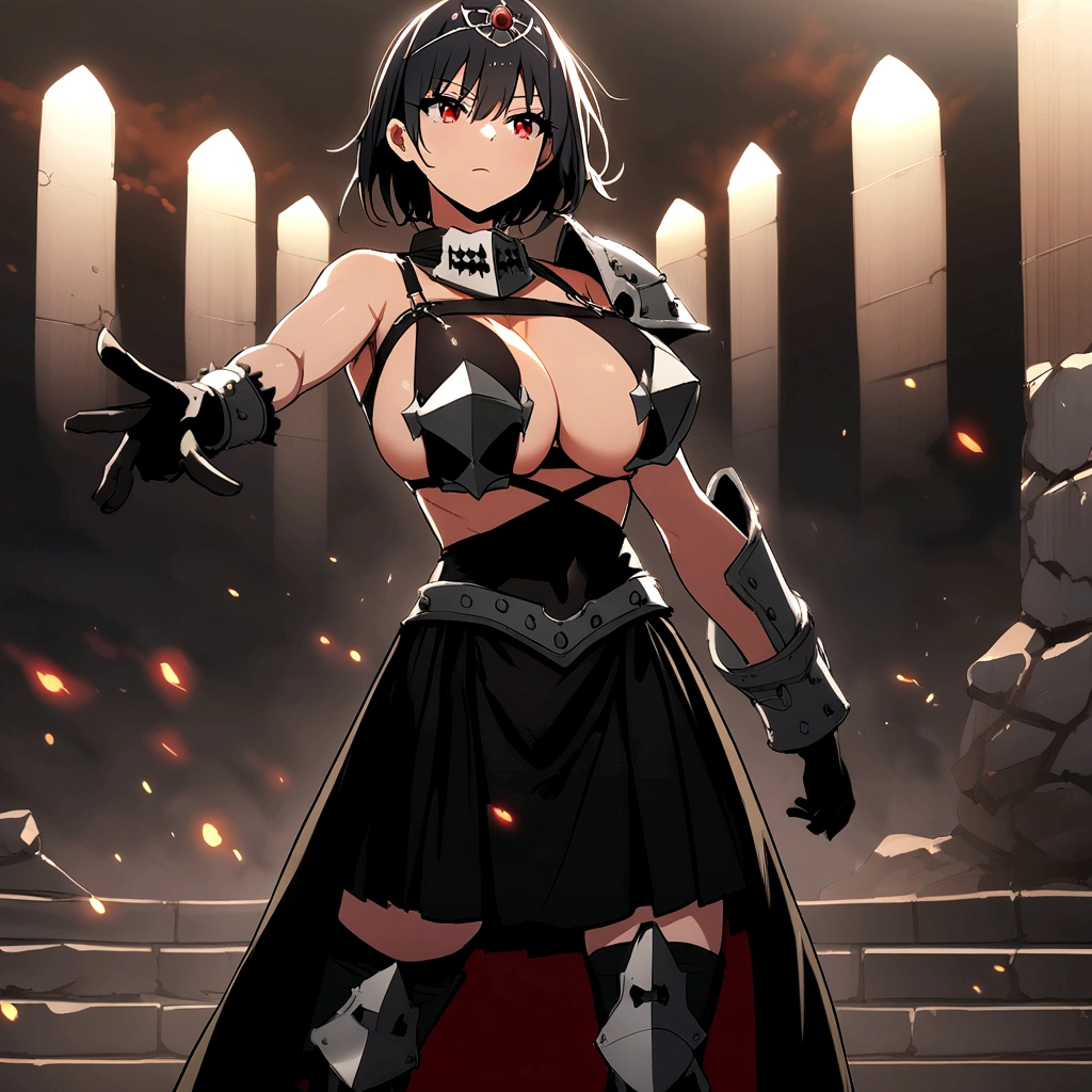 Iron bikini armor, iron crown, bare belly, big breasts, black hair, red eyes