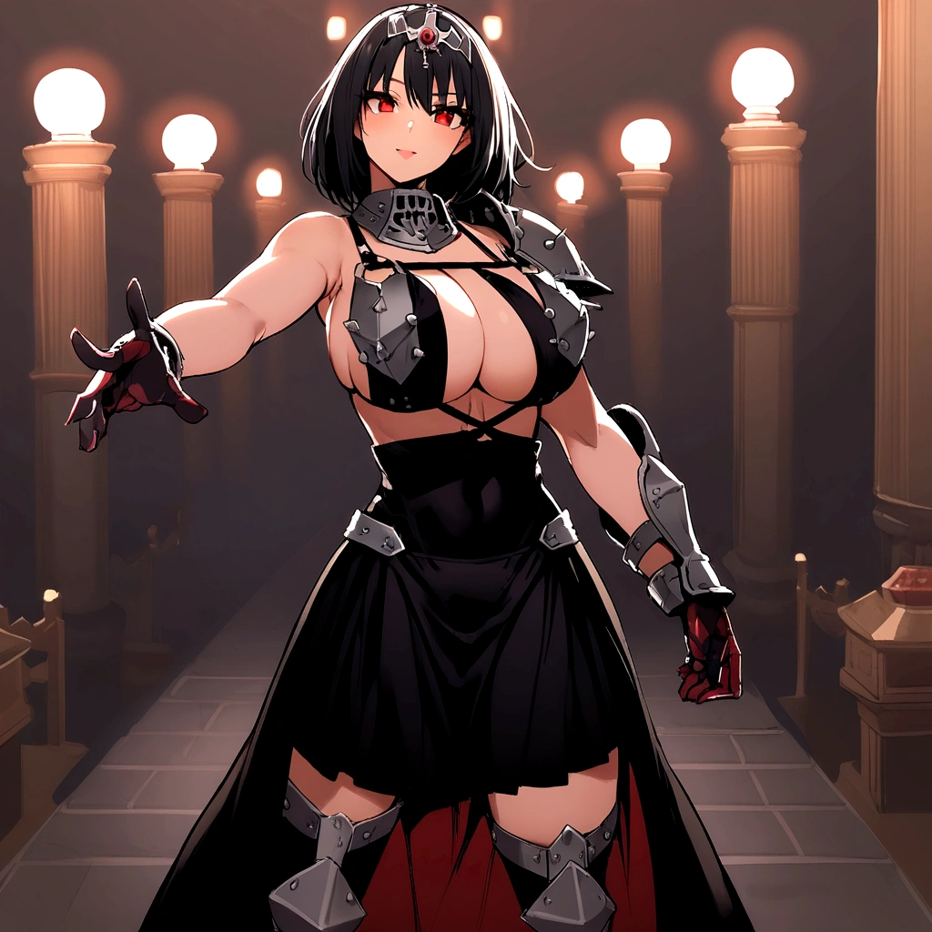 Iron bikini armor, iron crown, bare belly, big breasts, black hair, red eyes