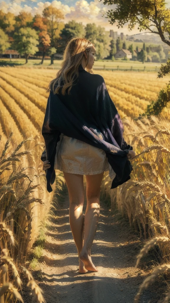 A stunning painting of a knight with long blond hair, Wheat field, Spectacular Clouds ((Picturesque)) ((Impressionism)) Vibrant, Soft Edge (((Warm glow))) Full body Full body from below 1sologirl, Feet together, Walking while looking down