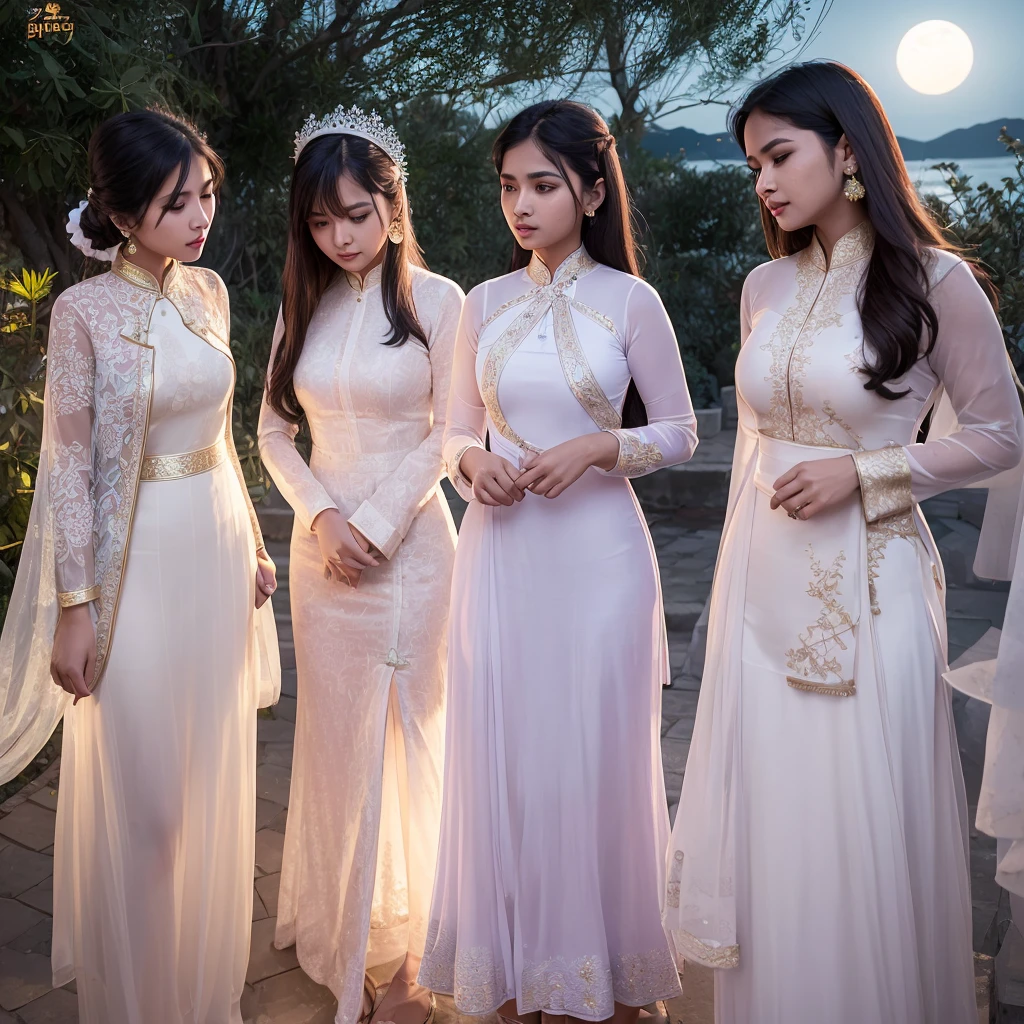 A group of young indian women with admirable beautiful faces, wearing tight short vietnamese ao dai，skirts,Gauze material，Light transmission， lots of clothing details, reflect moonlight, at night, by the sea, One of the character&#39;s feet is raised，pose，night，Moonlight shines through clothes，high-definition, detailed lighting and shadows, high-definition photography, Big deep cleavage sexy navel, by the water, The whole body is wet， wet hair，Sticking out tongue，Slobber，Obscene expressions，full-body portrait shot