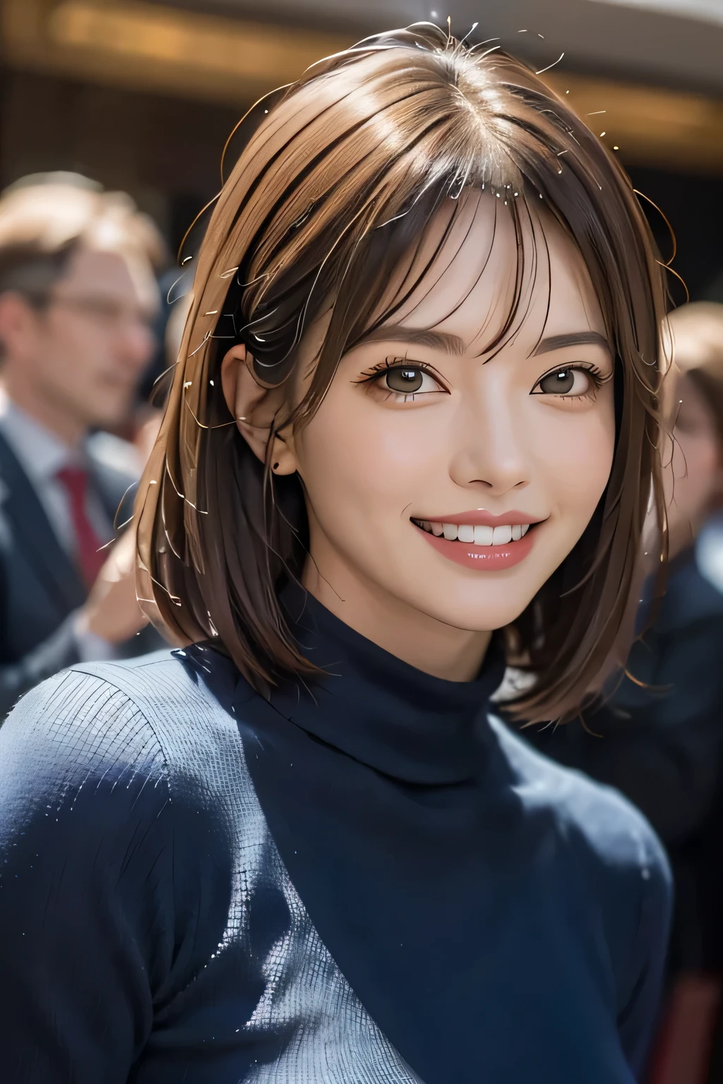 ((masterpiece)), ((Highest quality)), ((Complex)), ((Surreal)), (Realistic), (Mature Woman), ((No classes)), Very detailed, (1 female), Beautiful and exquisite, (Beautiful Teeth), Grin, Brunette Bob Hair, Brown eyes, ((blouse)), (Upper Body), (background:none), Perfect Eyes, Captivating eyes, Looking at the audience