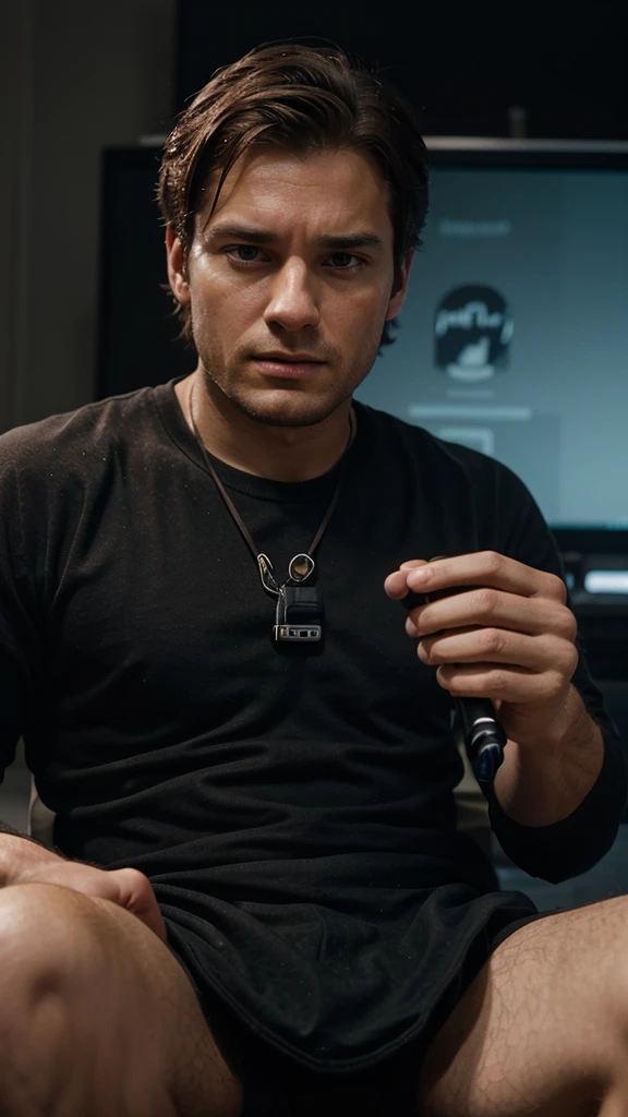 seated man, close to the screen of his mobile phone, only half his body can be seen and the microphone narrating movie summaries hyper-realistic photography,