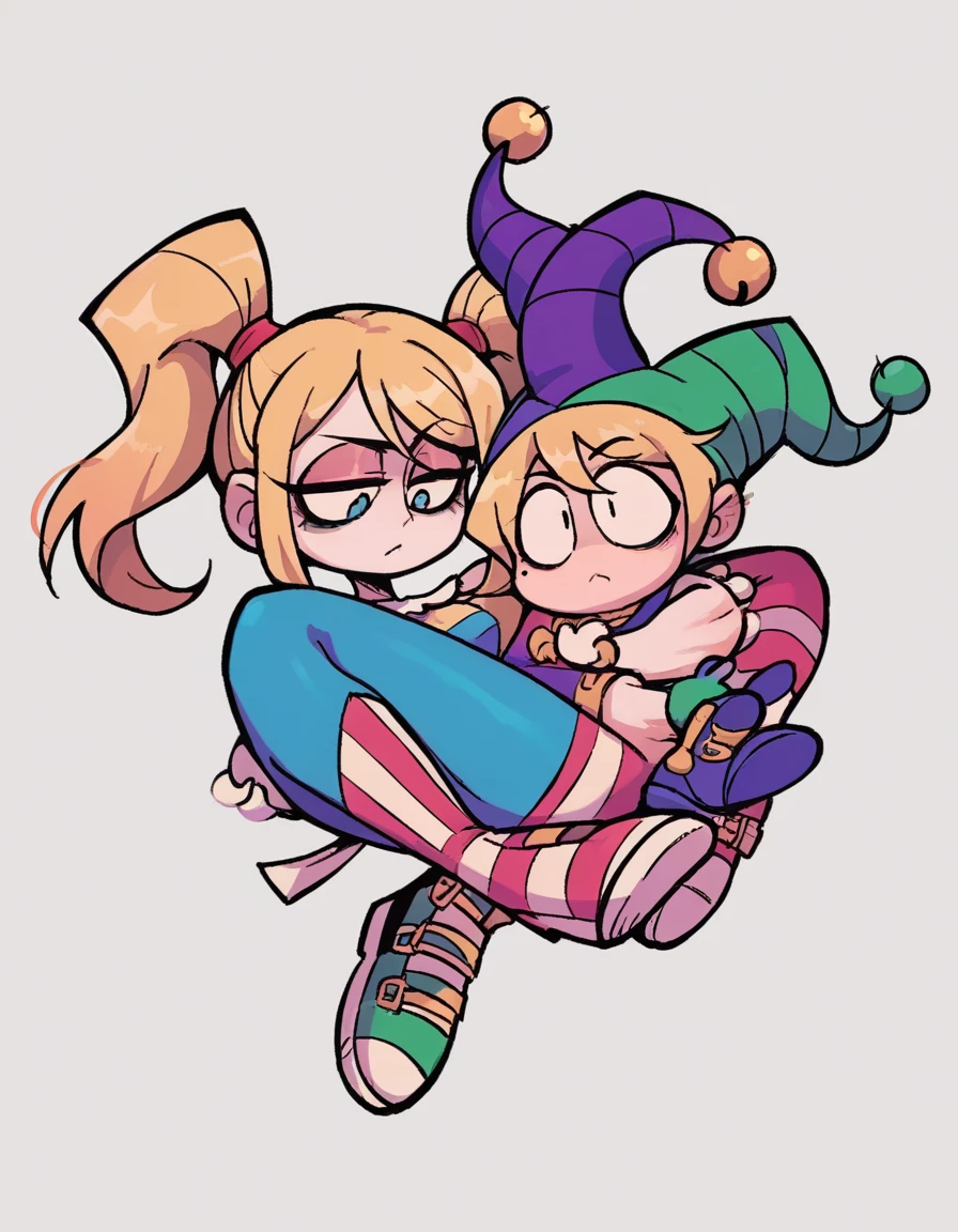 zPDXL, score_9, score_8_up, score_7_up, source_anime,
1girl, solo, expressionless, (child carry), jester wearing a jester hat with bells, striped dress with ribbons, colorful jester shoes , Samus, blonde hair, ponytail, mole under eye,
valbun, harley quinn,