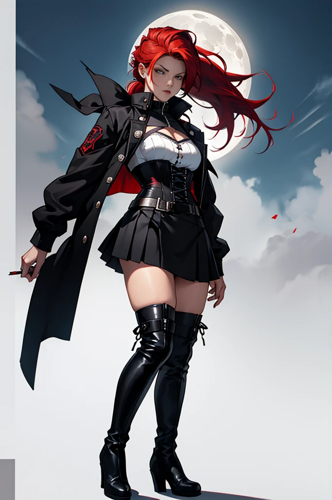 Rogue human woman, with red hair and black streaks, long high ponytail, white corset, black mini skirt, black thigh high boots, black jacket, with a dagger, moon in background, full body