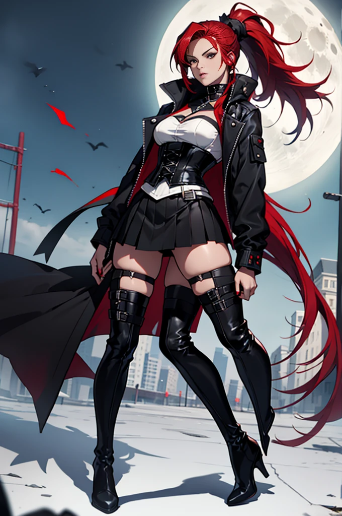 Rogue human woman, with red hair and black streaks, long high ponytail, white corset, black mini skirt, black thigh high boots, black jacket, with a dagger, moon in background, full body
