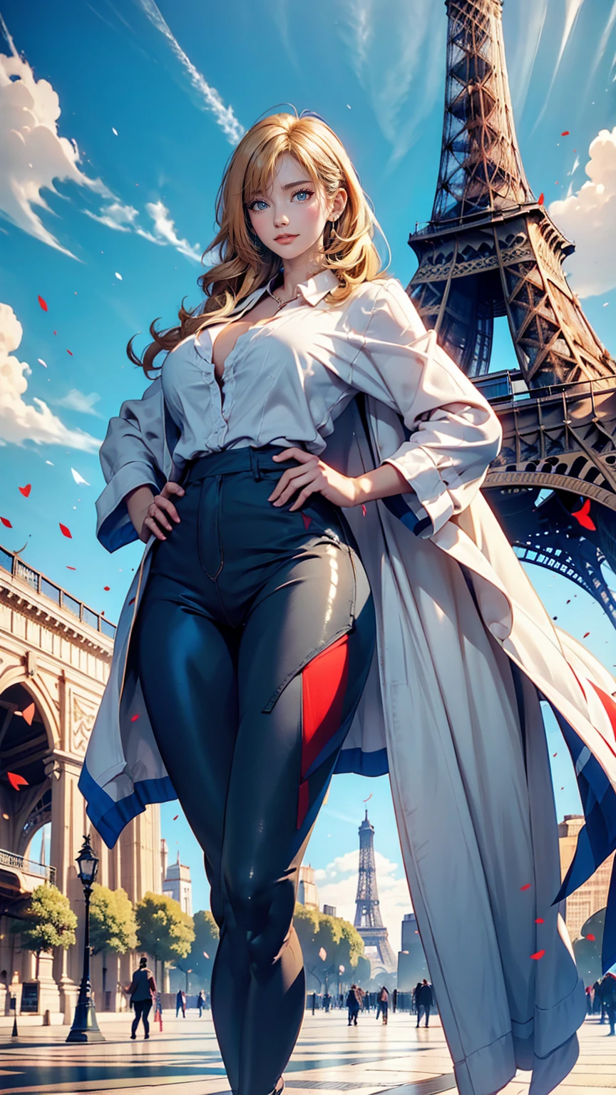 A giant French flag hangs on the Eiffel Tower、Blonde Caucasian woman poses in front of the Eiffel Tower with hands on hips、Cowboy Shot、Wear leggings、Wear stiletto heelarble floor、Beautiful blue sky