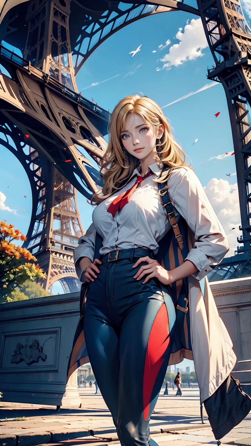 A giant French flag hangs on the Eiffel Tower、Blonde Caucasian woman poses in front of the Eiffel Tower with hands on hips、Cowboy Shot、Wear leggings、Wear stiletto heelarble floor、Beautiful blue sky