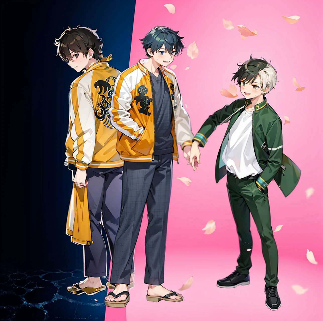 anime characters standing next to each other holding hands on a pink background, smiling, official art, anime key visual", bishounen, official anime still, official fanart, inspired by Okumura Masanobu, anime key visual concept, koyoharu gotouge, official anime art, official studio anime still, official modern anime, anime key visuals, cel shaded anime, Sakura tree petals flying