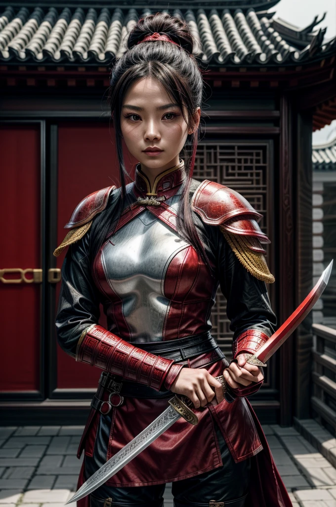 A beautiful chinese women warrior, weapon, 1girl, red full armor, sword, black_hair, bun hairstyle, holding, dual_wielding, solo_focus, holding_weapon, holding_sword, old chinese background, brown_eyes