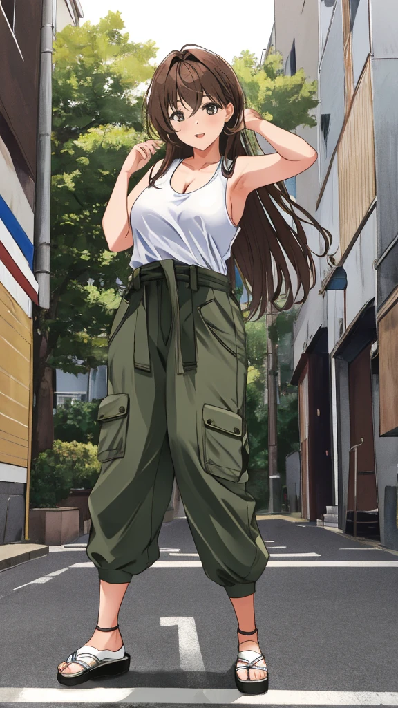 master piece, extremely detailed, high resolution, Haruba Negi style, Japanese anime style girl, tank top, military pants, brown hair, medium-long straight hair, front view, looking at the camera, happy expression, hip hop dance, mid-bust, slim waist, glossy, plump lips, fullbody, glossy hair, street dance, dance stage background, curious eyes, brown eyes, mouth closed and happy expression、