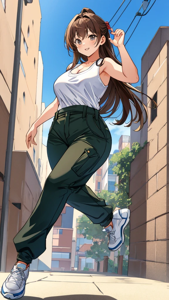 master piece, extremely detailed, high resolution, Haruba Negi style, Japanese anime style girl, tank top, military pants, brown hair, medium-long straight hair, front view, looking at the camera, happy expression, hip hop dance, mid-bust, slim waist, glossy, plump lips, fullbody, glossy hair, street dance, dance stage background, curious eyes, brown eyes, mouth closed and happy expression、