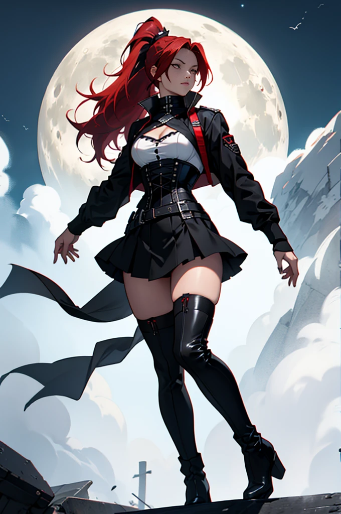 Rogue human woman, with red hair and black streaks, long high ponytail, white corset, black mini skirt, black thigh high boots, black jacket, with a dagger, moon in background, full body
