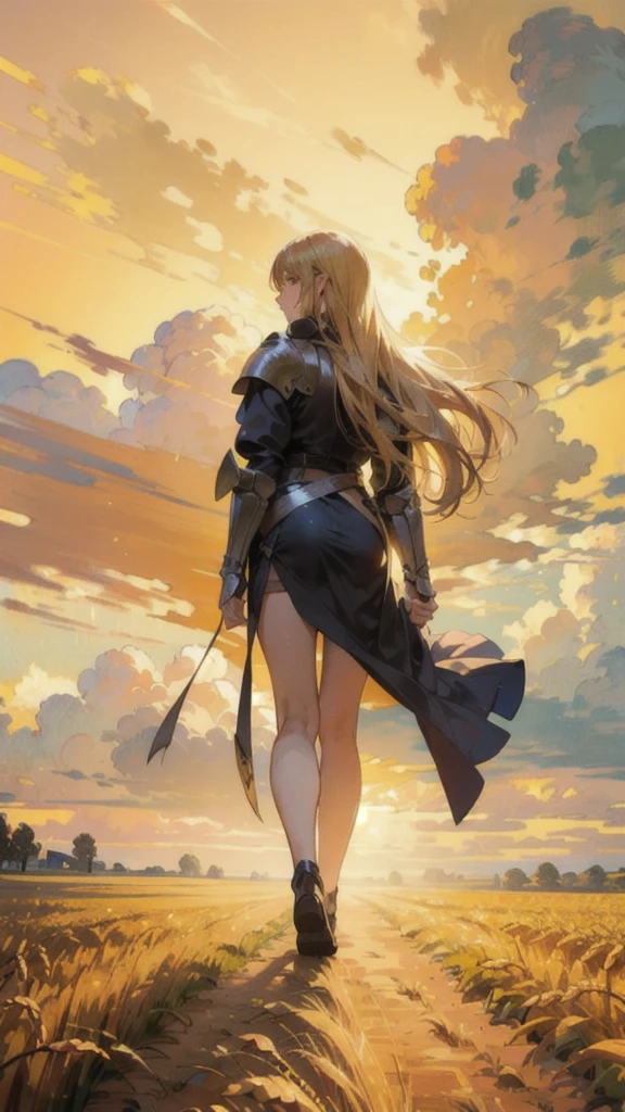 A stunning painting of a knight with long blond hair, Wheat field, Spectacular Clouds ((Picturesque)) ((Impressionism)) Vibrant, Soft Edge (((Warm glow))) Full body Full body from below 1sologirl, Feet together, Walking while looking down