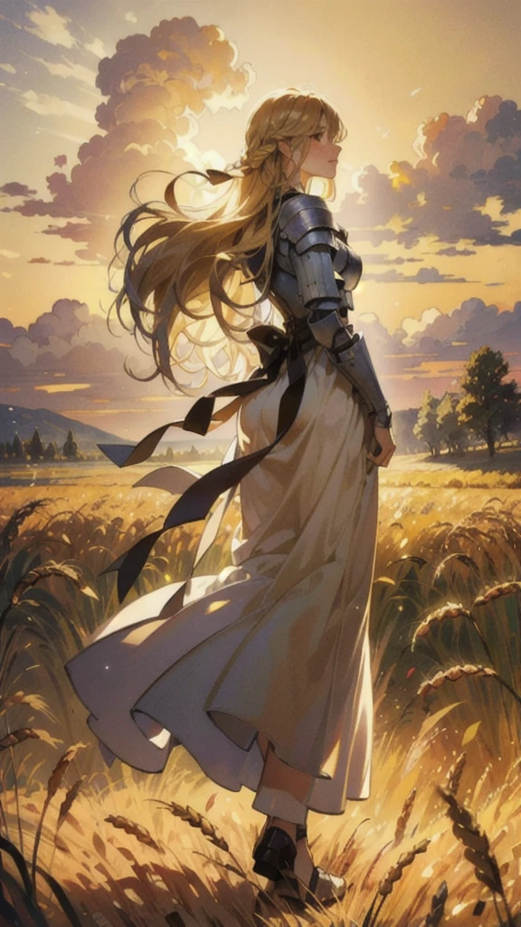 A stunning painting of a knight with long blond hair, Wheat field, Spectacular Clouds ((Picturesque)) ((Impressionism)) Vibrant, Soft Edge (((Warm glow))) Full body Full body from below 1sologirl, Feet together, Walking while looking down