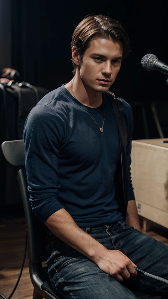 seated man half body and microphone hyperrealistic photography,
