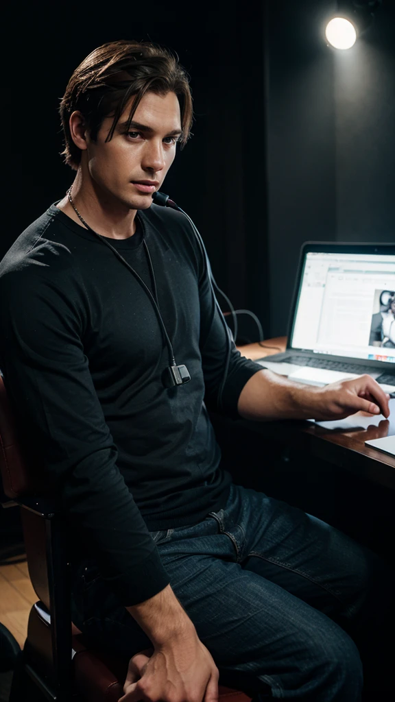 seated man half body and microphone hyperrealistic photography,