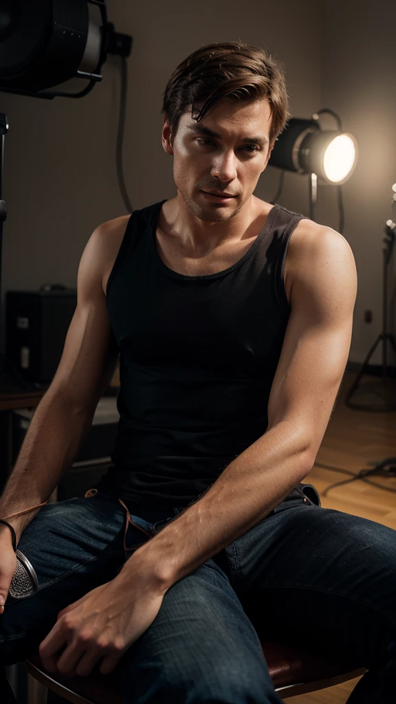seated man half body and microphone hyperrealistic photography, 
