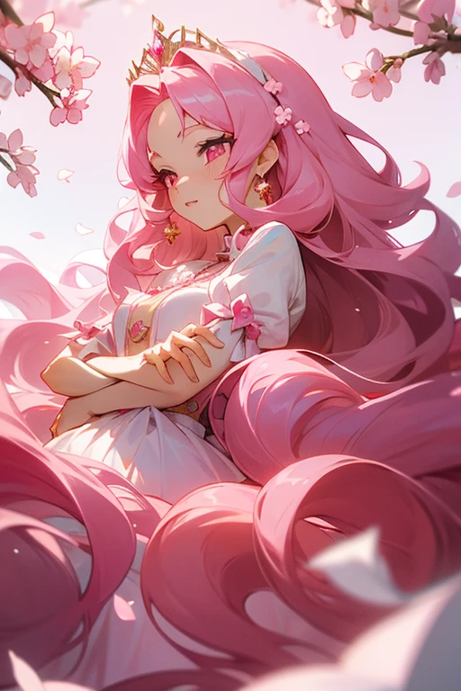 An anime princess with long pink wavy hair and pink eyes that is wearing a pink ballgown and has cherry blossom hair accessories and an exquisite pink tiara