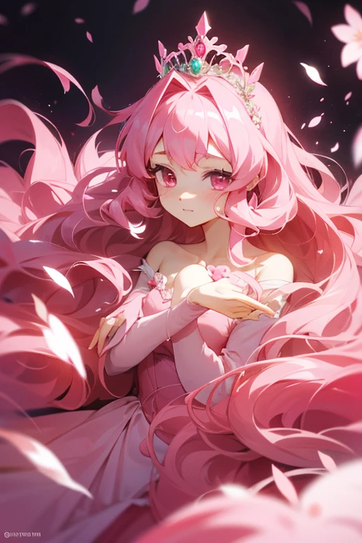 An anime princess with long pink wavy hair and pink eyes that is wearing a pink ballgown and has cherry blossom hair accessories and an exquisite pink tiara