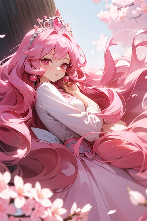 An anime princess with long pink wavy hair and pink eyes that is wearing a pink ballgown and has cherry blossom hair accessories and an exquisite pink tiara