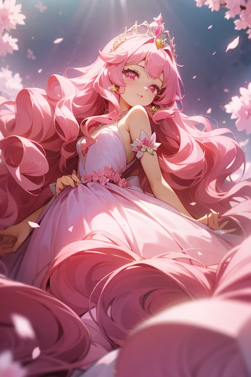 An anime princess with long pink wavy hair and pink eyes that is wearing a pink ballgown and has cherry blossom hair accessories and an exquisite pink tiara