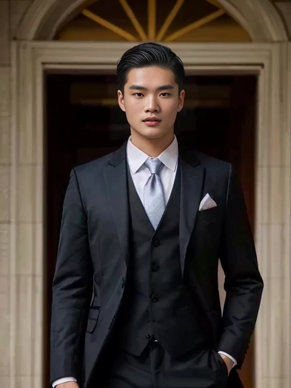 Haraf man looking at camera, perfect has a round face, man with round face, Southeast Asian man with a round face, Profile picture, charming anime,ภาพสามมิติ 8K,45 high quality colored lights,000,000,000 pixels, photo, post-trade photo, animation, The character is in her natural pose., Southeast Asian man with a round face, Profile picture 3-D, 8K, 45,000,000 pixcls, Cloak with gold letters, Cheongsam, cloth coatที่ได้แรงบันดาลใจจากมังกร, Chinese dress, Chinese dress, with ancient Chinese clothes, Wearing a red, gilded robe, Tailoring a suit according to tradition, cloth coat, Wear a red formal dress