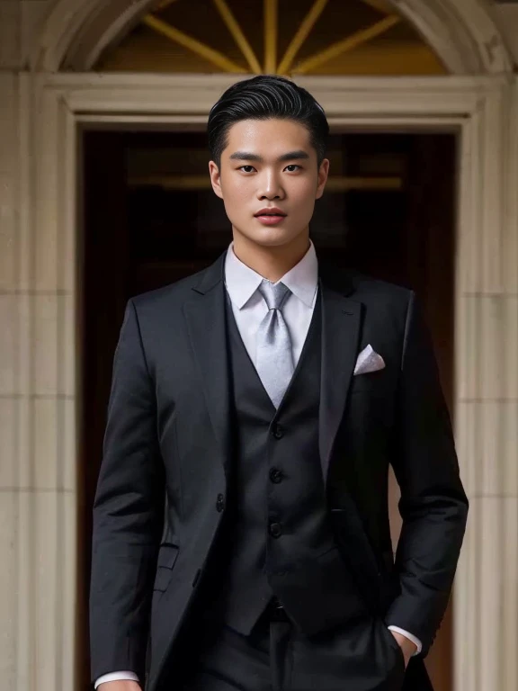 Haraf man looking at camera, perfect has a round face, man with round face, Southeast Asian man with a round face, Profile picture, charming anime,ภาพสามมิติ 8K,45 high quality colored lights,000,000,000 pixels, photo, post-trade photo, animation, The character is in her natural pose., Southeast Asian man with a round face, Profile picture 3-D, 8K, 45,000,000 pixcls, Cloak with gold letters, Cheongsam, cloth coatที่ได้แรงบันดาลใจจากมังกร, Chinese dress, Chinese dress, with ancient Chinese clothes, Wearing a red, gilded robe, Tailoring a suit according to tradition, cloth coat, Wear a red formal dress