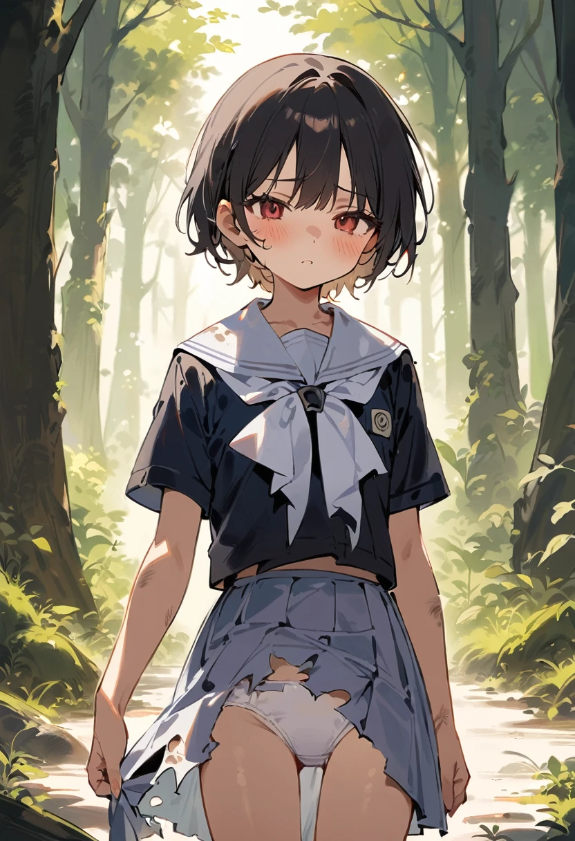 beautiful detailed girl,(masterpiece,best quality,extremely detailed:1.2),((cowboy shot:1.1)),(solo,10 years old,kawaii,slender,small breasts:1.25),(pained look:0.8),((white underwear) in ((Torn school uniform)):2),(dirty:2),blush,shy,weep,standing,(deep forest:1.5),(hug:0.4),rating: general, newest,Sexy face,(primitive:1.1)