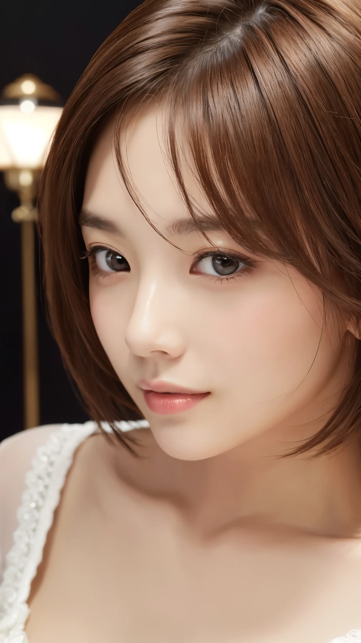 masterpiece、Highest quality、High resolution、Tabletop、wallpaper、Realistic、Bright lighting、Professional Lighting、Face Light、Smooth lighting、Japanese women、Adult、Beautiful woman、action、gravure、sexy、poor、so beautiful、Beautiful Skin、Beautiful and detailed、Detailed face、slim、moderately、short hair、Brunette colored hair、Brown eyes、Looking at the camera