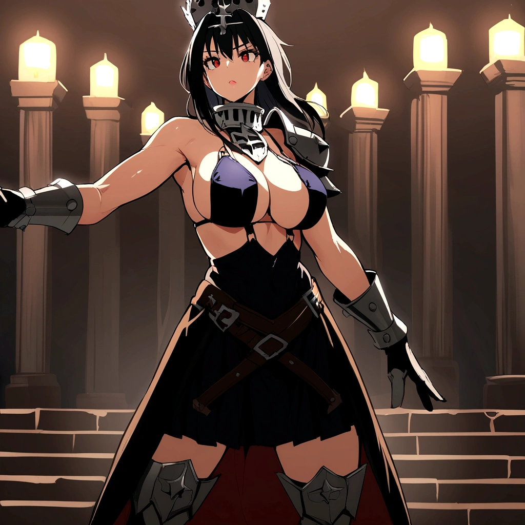 Iron bikini armor, iron crown, bare belly, big breasts, black hair, red eyes