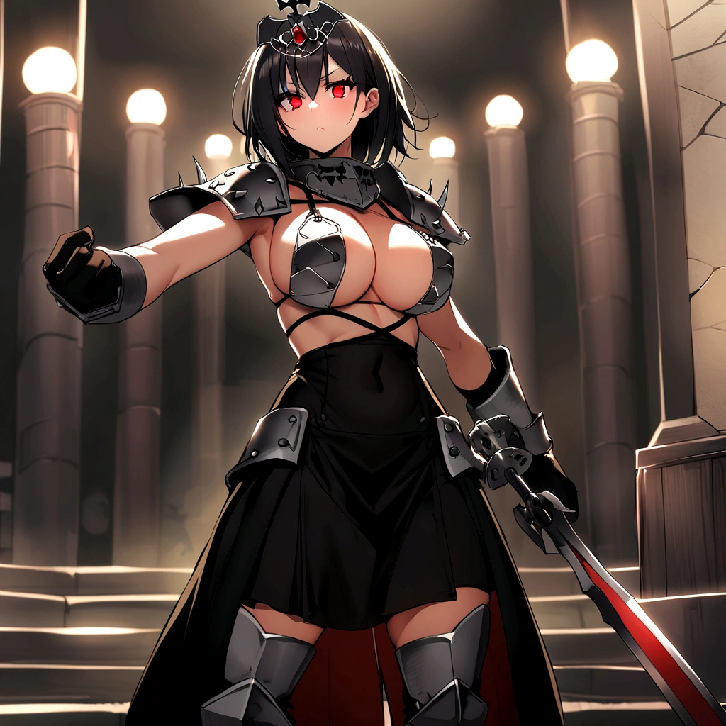 Iron bikini armor, iron crown, bare belly, big breasts, black hair, red eyes