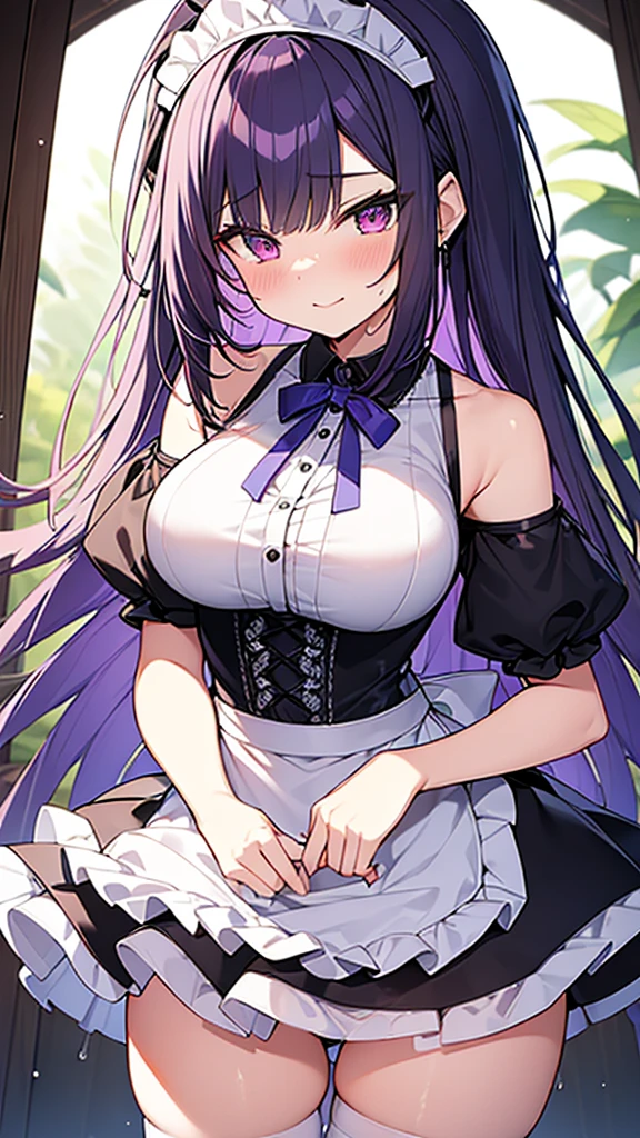 最high quality, high quality, Super detailed, 32k, Ultra-detailed details, (only, pretty girl, beautiful purple hair, Beautiful purple eyes, Big Breasts, A light smile, Red eyes, Off-the-shoulder sleeveless Summer clothes, Summer casual maid clothes, Short skirt, Blue and white color striped underwear, Black knee socks, My crotch is wet with love juice, 18-year-old,cute), {{A succubus strips off the face and clothes of a murdered maid and engages in intense vaginal sex with her master, bouncing her breasts.}}, She has transformed from a shy maid into a lewd one., A maid with her sister&#39;s face stuck on her face is vigorously pistoning her body, A maid who moves her body vigorously without caring if her breasts bounce, ((She straddles a sleeping man and has intense vaginal sex:1.5)), Cowgirl Sex,  Super detailed, Detailed sister photosが見える, NSFW