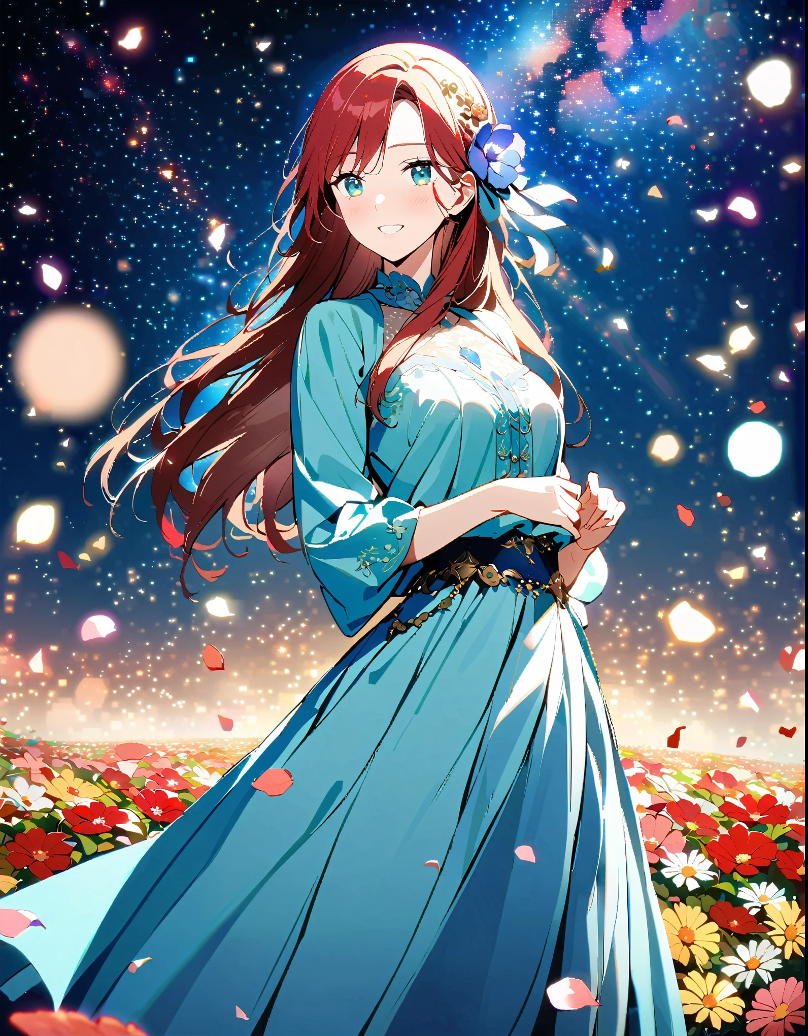 1 Girl. Old-fashioned smile. petal.  Bokeh. Background flower field nice body,  beautiful 肌. oily 肌. Very delicate and beautiful. Very detailed. Clear Eyes. Red hair。Hair accessories with attention to detail,,Hair is tied））,Amazing starry sky,Detailed blue robe,Long skirt
 