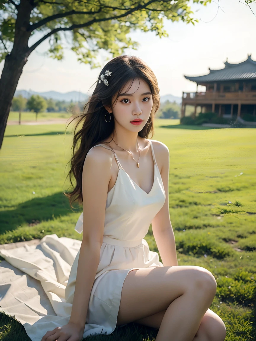 spring，1girl，((beautiful eyes))，((Perfect and refined limbs))，Sitting，在Grass地上，tent，flower，outdoor，Tree，landscape，daytime，Sky，cloud，Grass，橙flower，白flower，nature，Vague，红flower，(masterpiece，Best quality:1.2)，lifelike，Reality，梦幻般的Light芒，错综复杂的detail，Ultra Detailed，detail，High contrast，美丽细致的Light芒，Bright，更多detail，精细发Light，very fine 8K CG wallpaper，Depth of Field，Abuse of color difference，Soft colors，非常精致的Light线，眩Light，Light，Light粒子，reflection，